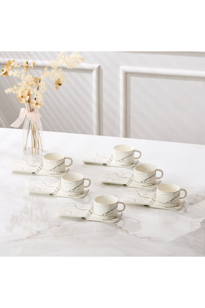 Set 6 cești espresso din porțelan cu farfurioare dreptunghiulare pentru servire, 90 ml - Alb
