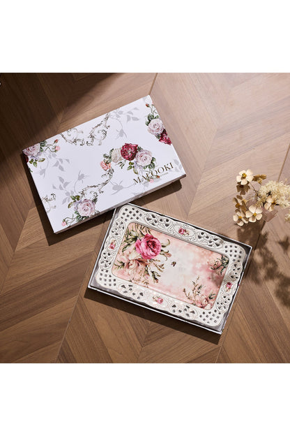 Tavă servire porțelan model floral vintage, margini dantelate decupate, 36 x 23 cm