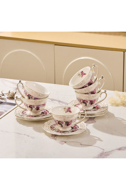 Set 6 cești espresso cu 6 farfurioare rotunde porțelan 90 ml – model floral elegant