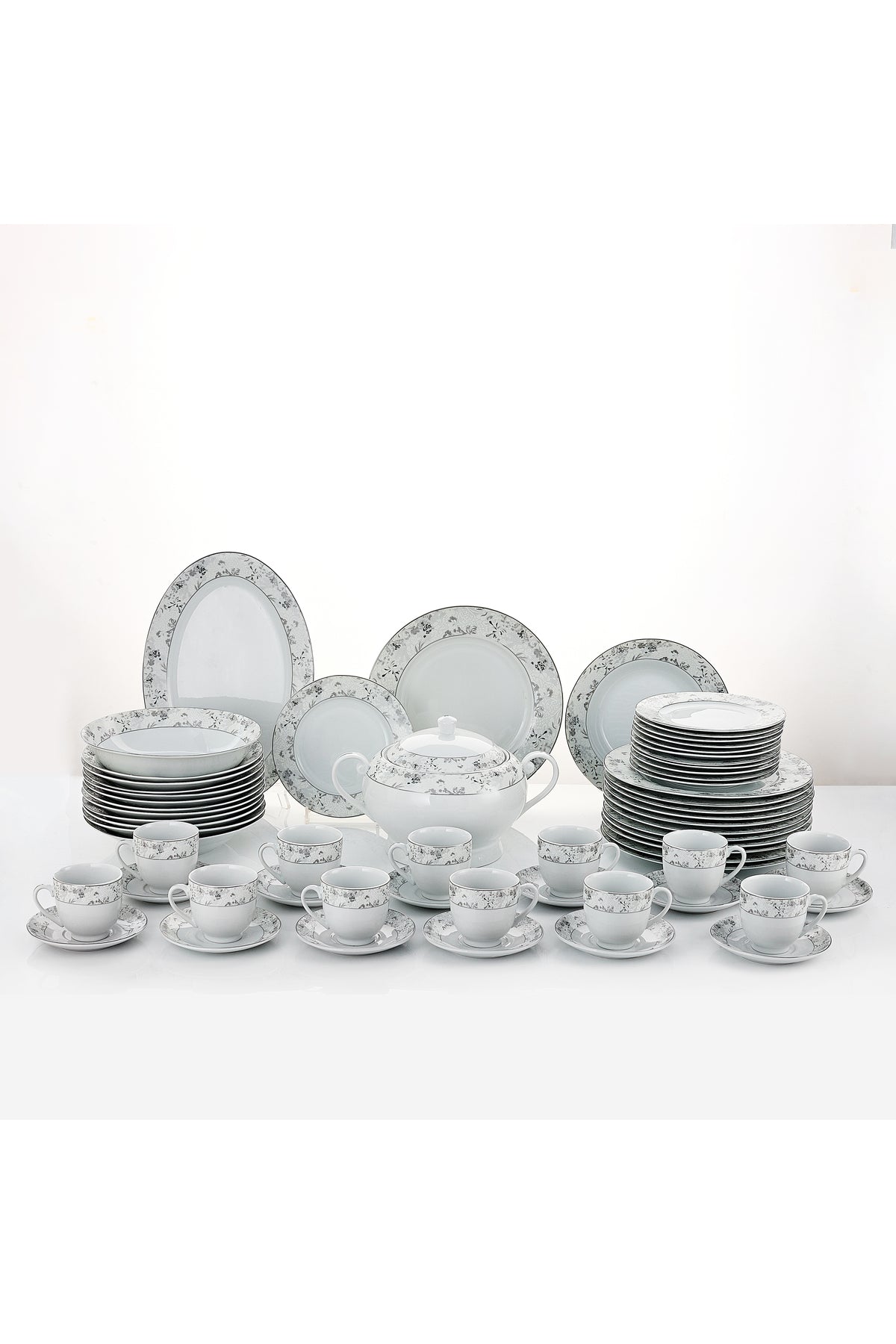 Serviciu de Masă12 Persoane Charcoal Blossom din Porțelan Premium, 64 Piese, Design Floral Dens