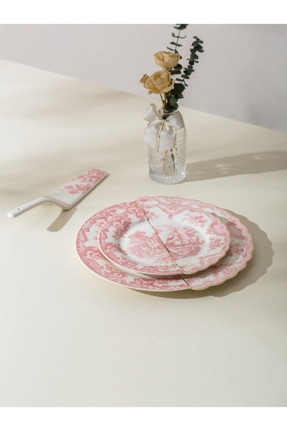 Set tort Toile – 6 farfurii desert și farfurie mare porțelan, design chinoiserie roz