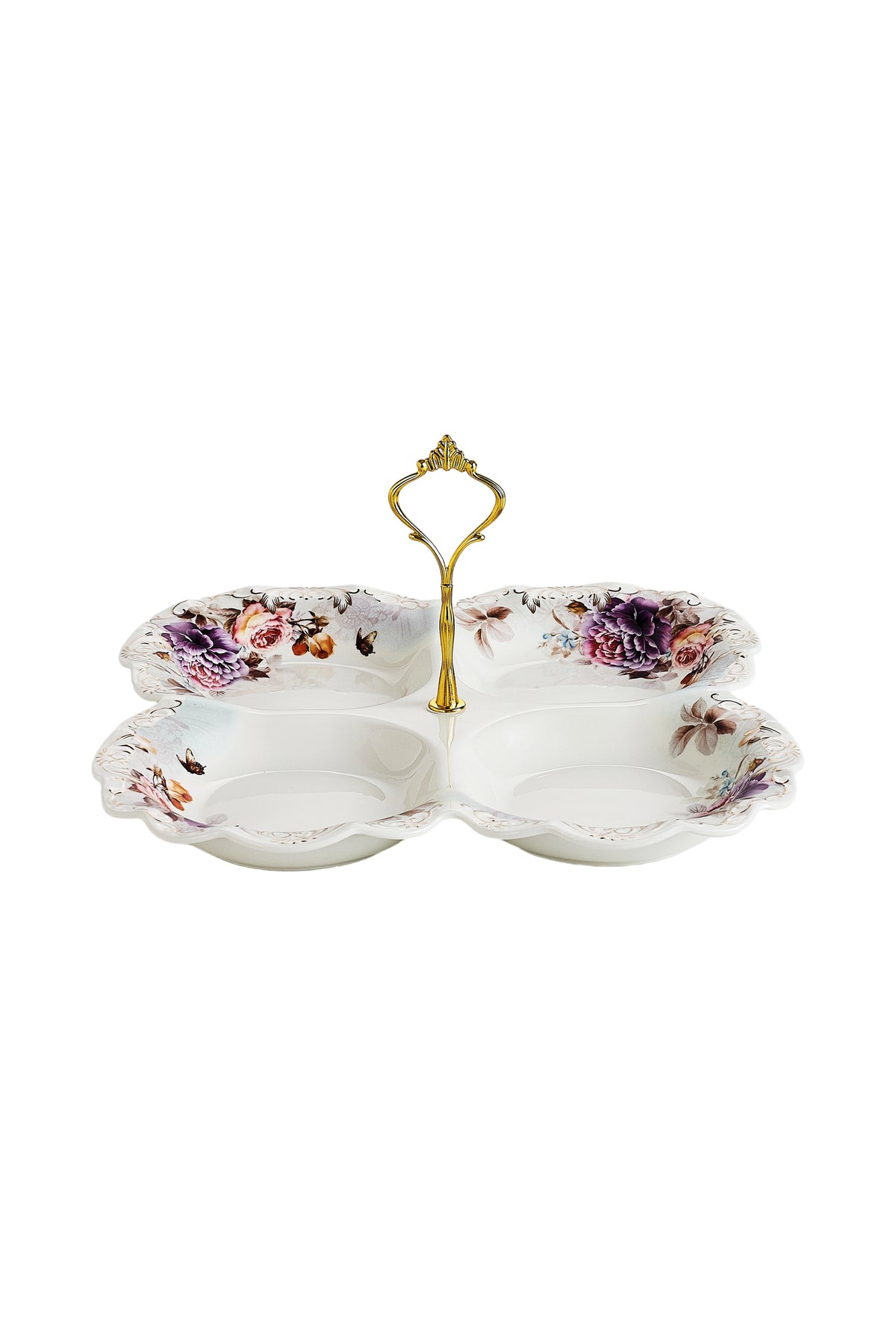 Platou compartimentat 4 secțiuni porțelan model floral vintage, mâner auriu