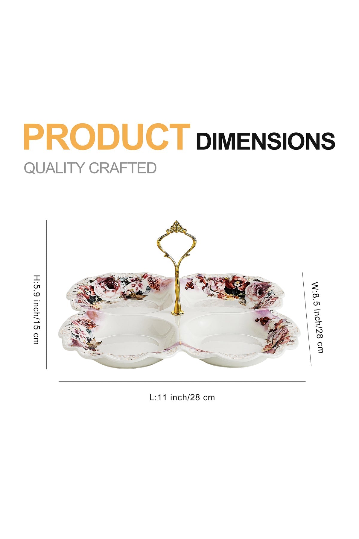 Platou compartimentat 4 secțiuni porțelan model floral vintage, mâner auriu