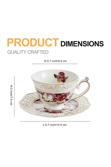 Set 2 cești cafea cu 2 farfurioare rotunde porțelan 200 ml – model floral elegant
