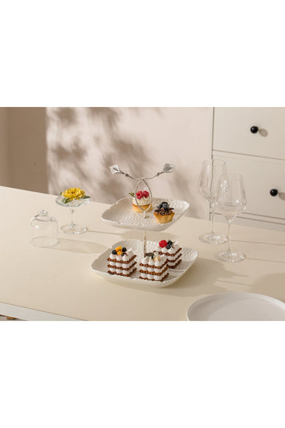 Platou etajat Candy Bar din Porțelan cu Detalii Florale Metalice - 29.8 cm