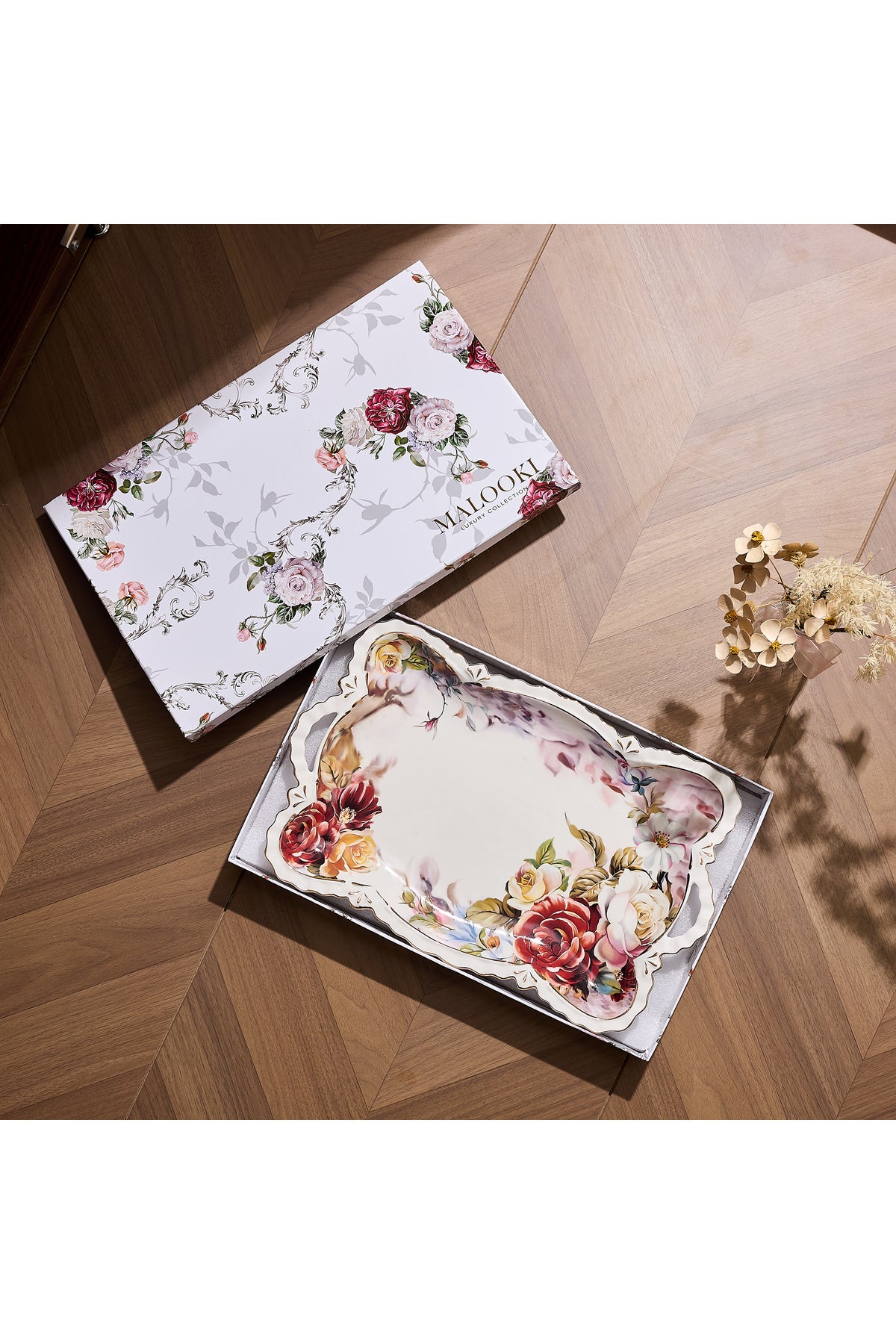 Tavă servire porțelan model floral vintage, mânere integrate, 42 x 27 cm