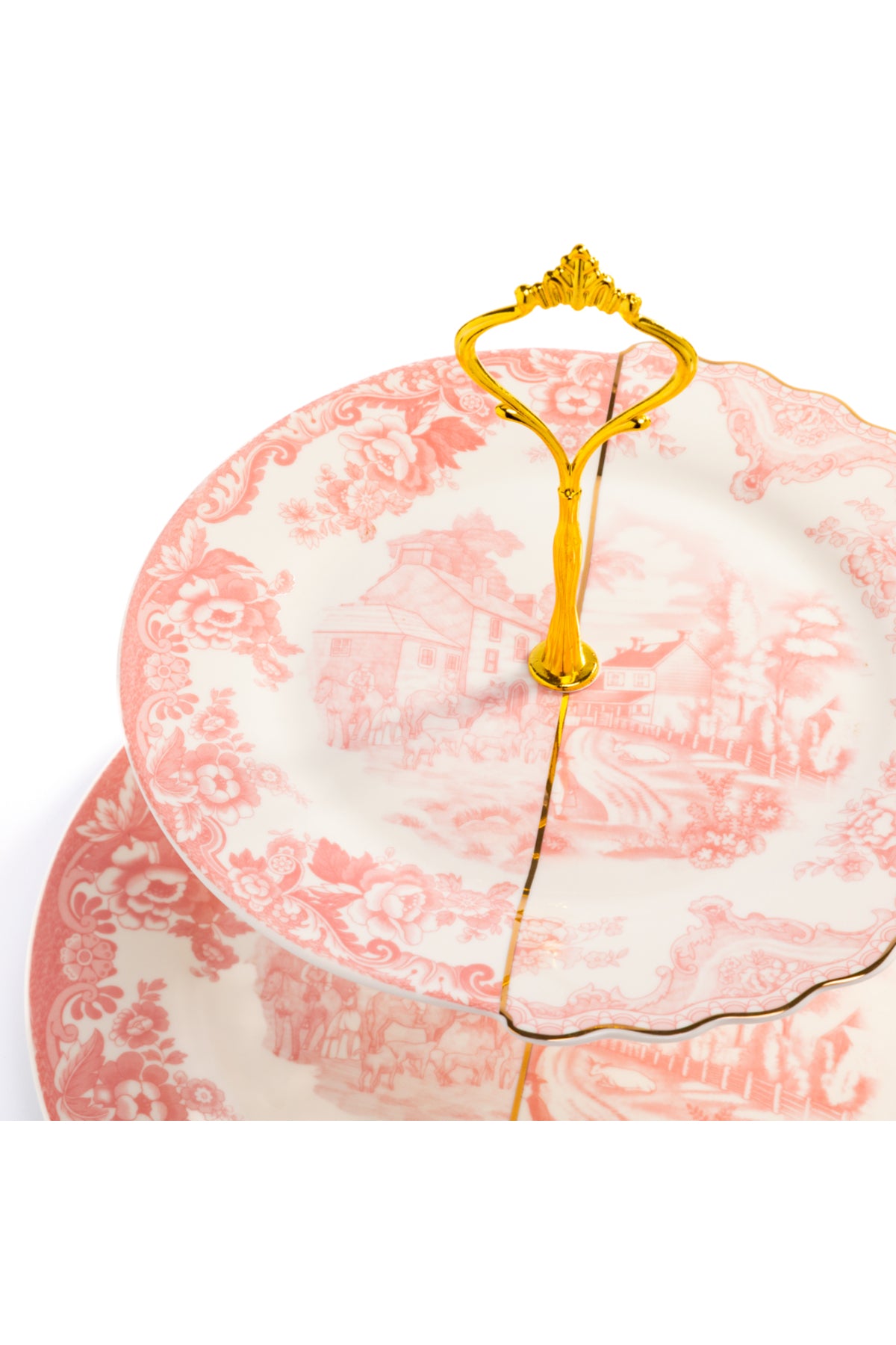 Platou etajat 2 nivele Toile – porțelan roz cu peisaj chinoiserie, suport prăjituri și aperitive