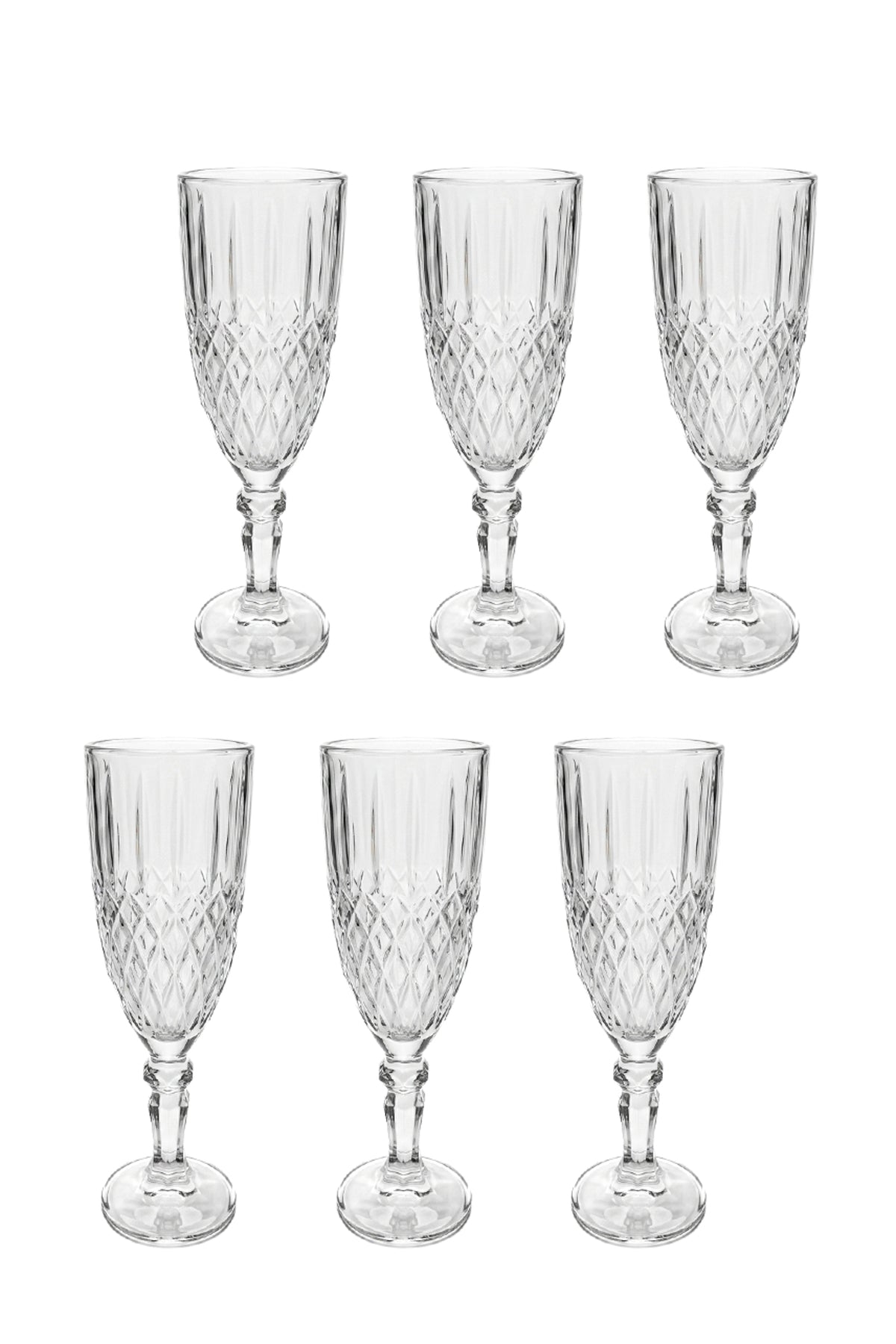 Set 6 pahare șampanie sticlă Crystal, model gravat romb, 165ml, transparent