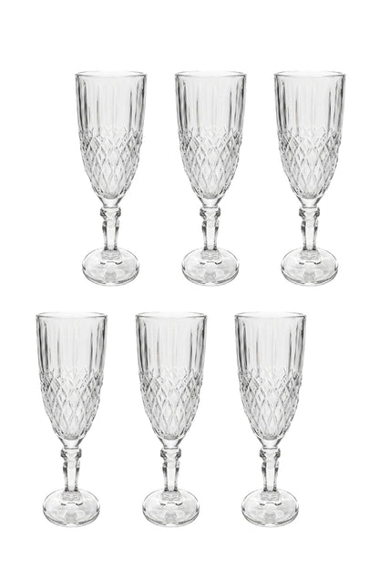 Set 6 pahare șampanie sticlă Crystal, model gravat romb, 165ml, transparent