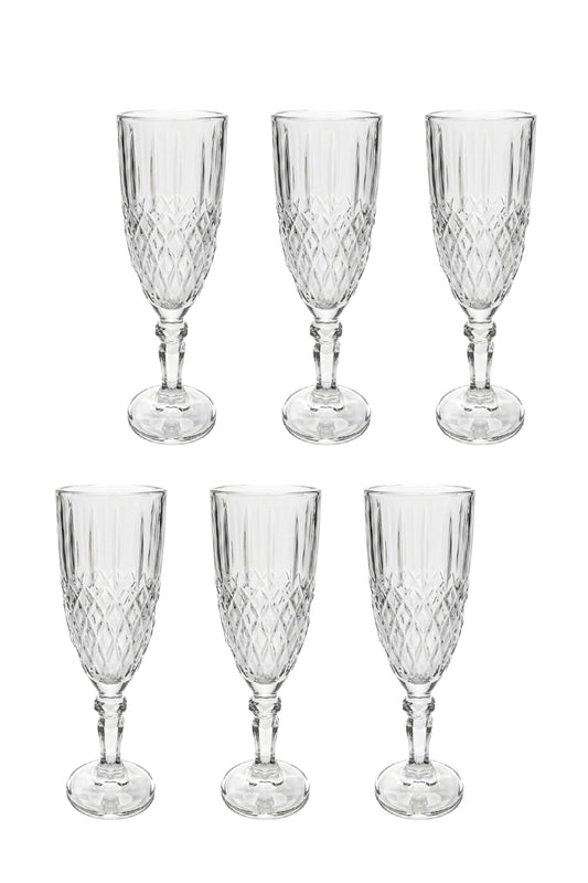 Set 6 pahare șampanie sticlă Crystal, model gravat romb, 165ml, transparent