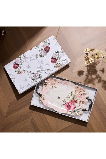 Tavă servire porțelan ovală model floral vintage, mânere metalice bronz, 44.5 cm