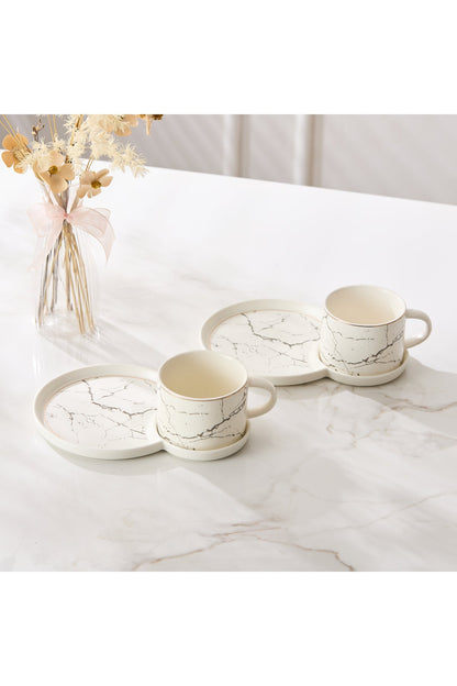Set 2 cești de cafea din porțelan cu farfurioare duble pentru gustări, 180 ml - Alb