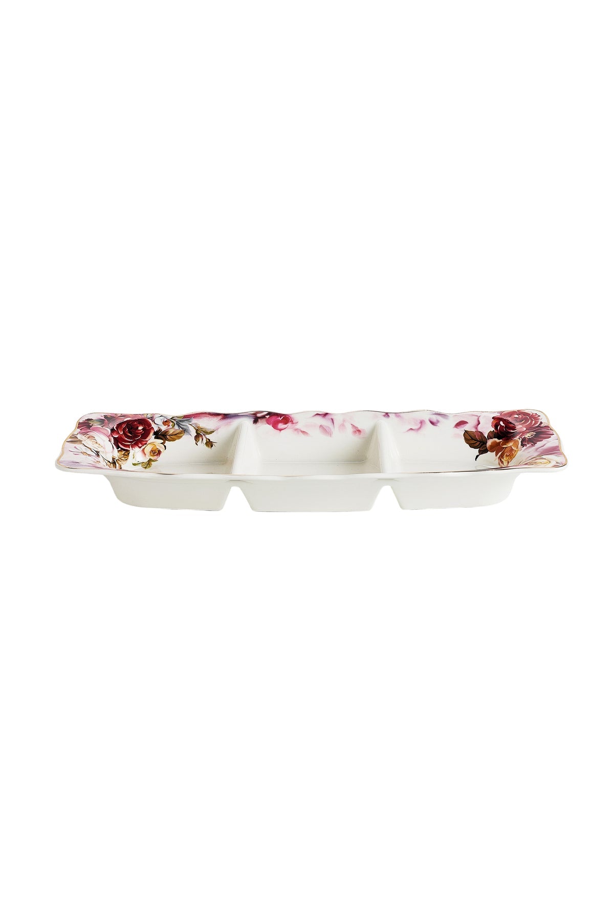 Platou compartimentat 3 secțiuni porțelan model floral vintage, 27 x 14.5 cm