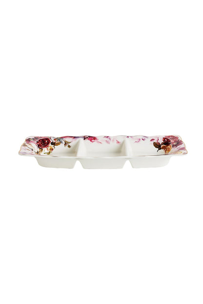 Platou compartimentat 3 secțiuni porțelan model floral vintage, 27 x 14.5 cm
