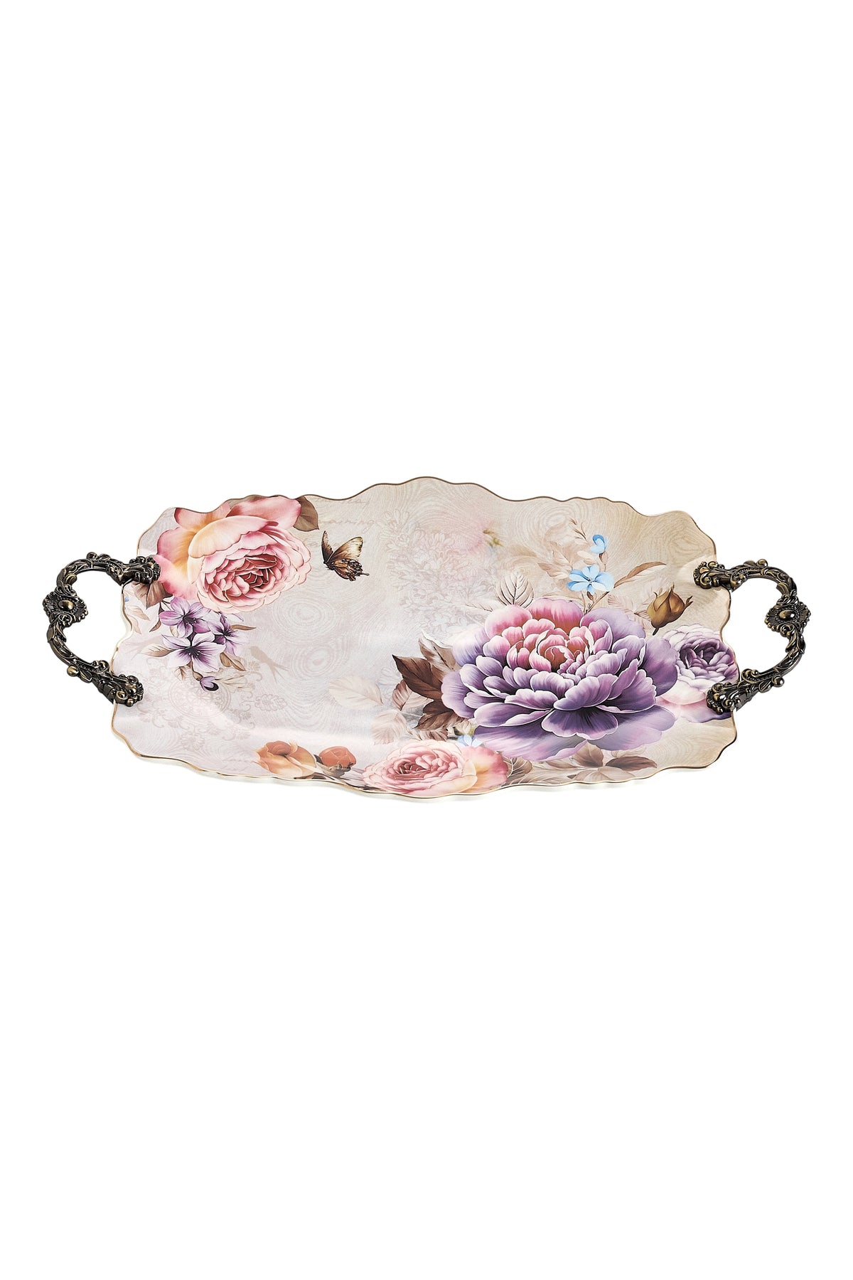Tavă servire porțelan ovală model floral vintage, mânere metalice bronz, 44.5 cm