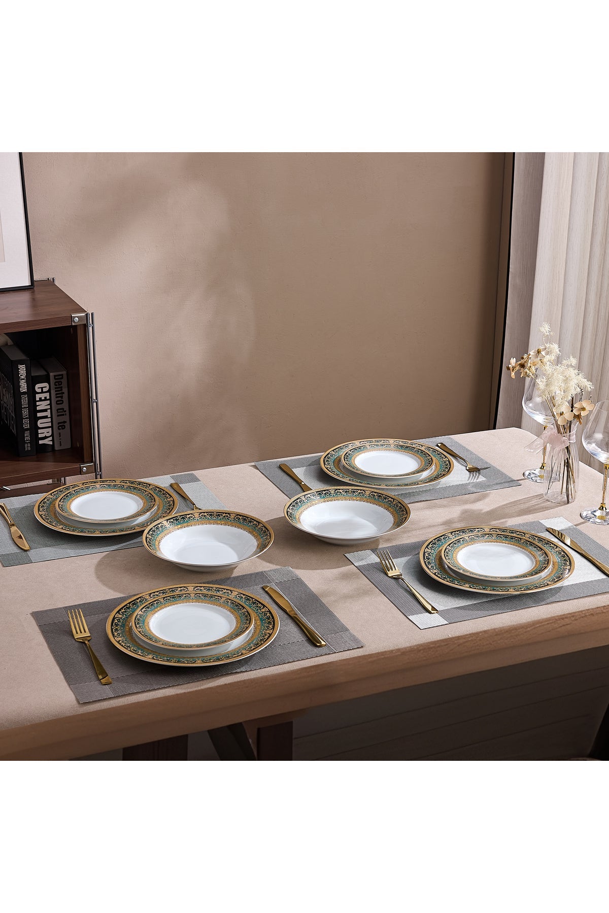 Serviciu de Masă 6 persoane Emerald Royal Gold din Porțelan , 18 Piese, Design Baroc Verde cu Aur