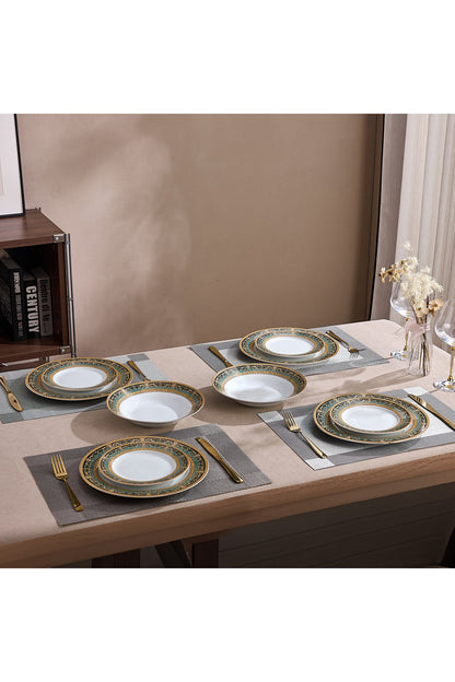 Serviciu de Masă 6 persoane Emerald Royal Gold din Porțelan , 18 Piese, Design Baroc Verde cu Aur