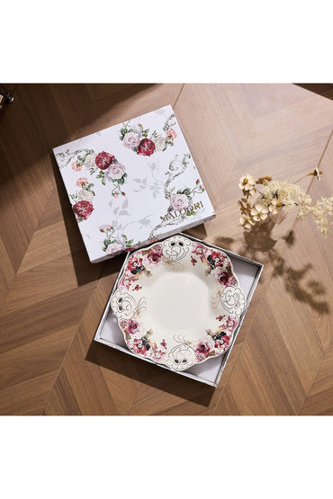 Bol fructieră porțelan model floral vintage, margini dantelate, diametru 33 cm
