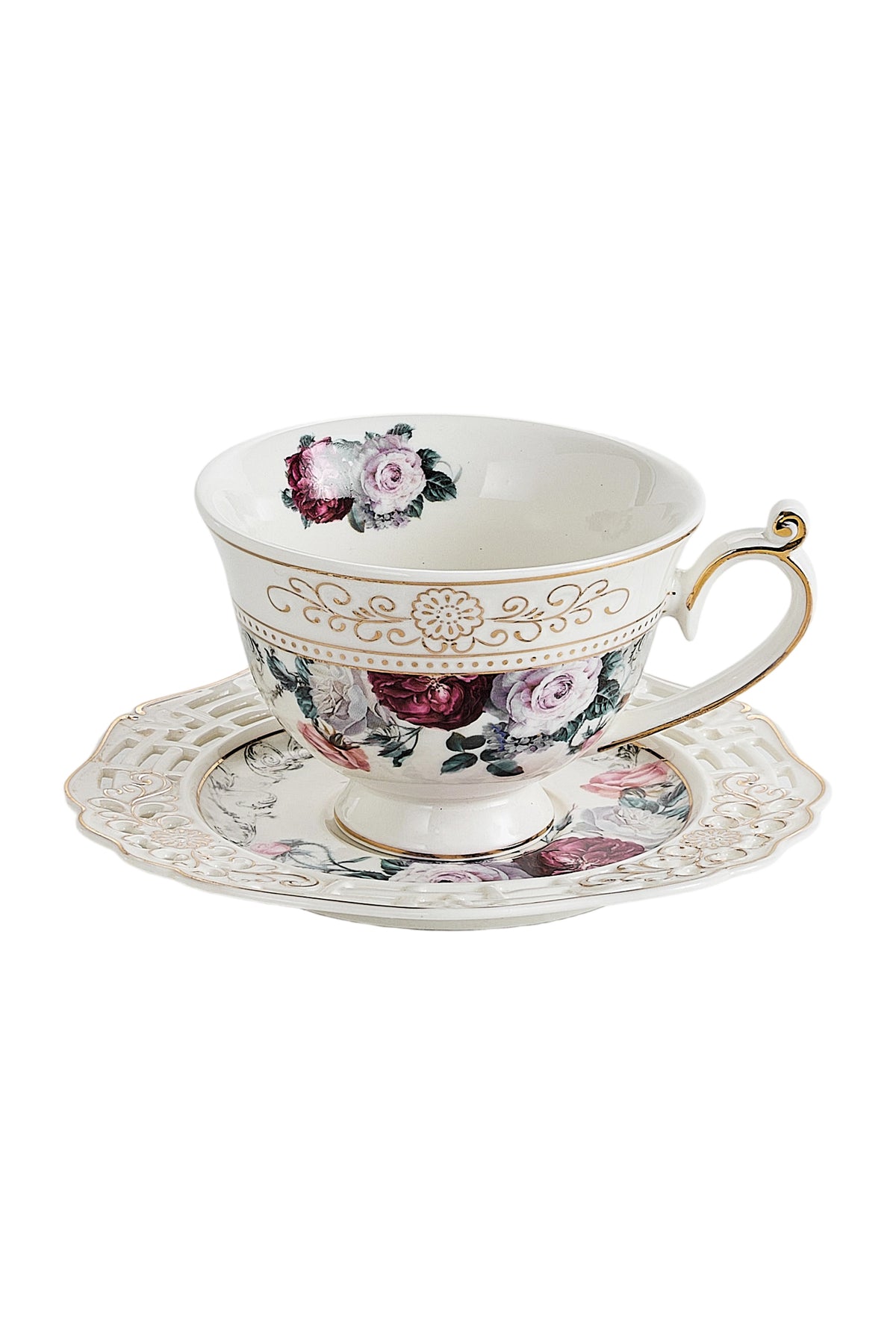 Set 2 cești cafea cu 2 farfurioare rotunde porțelan 200 ml – model floral elegant
