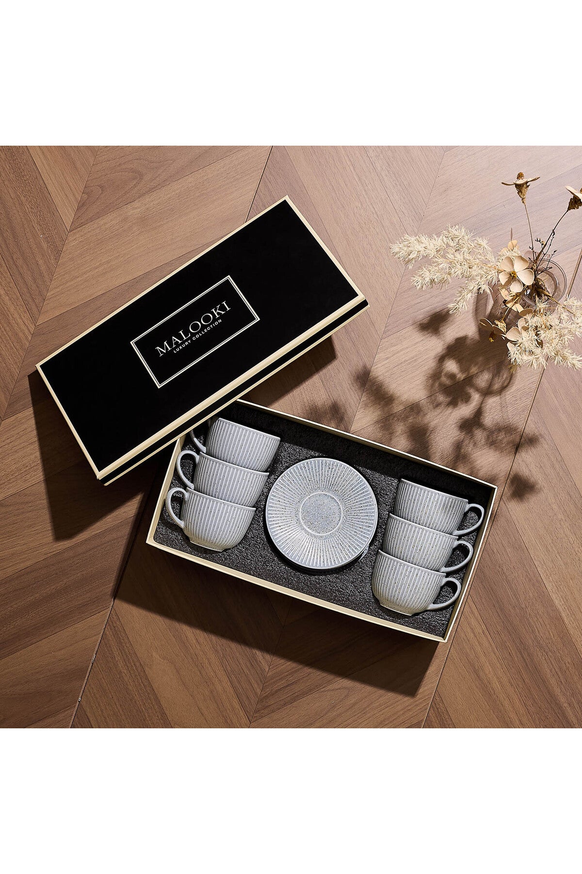 Set de 6 cești cu 6 farfurioare, portelan, 190 ml - gri piatra