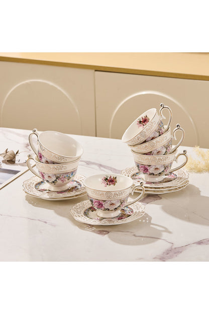 Set 6 cești espresso cu 6 farfurioare rotunde porțelan 90 ml – model floral elegant