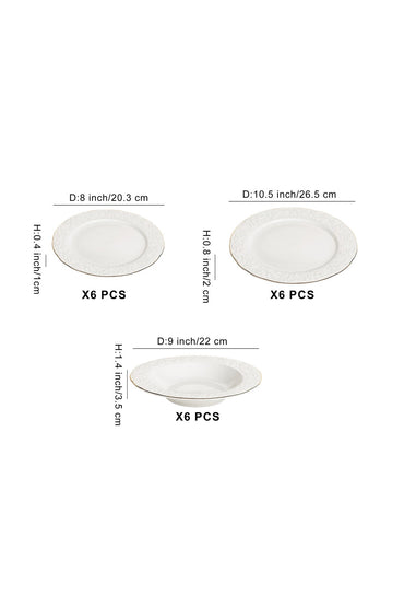Serviciu de masă din porțelan 18 piese Lux set farfurii 6 persoane decor relief margine aurie finlux