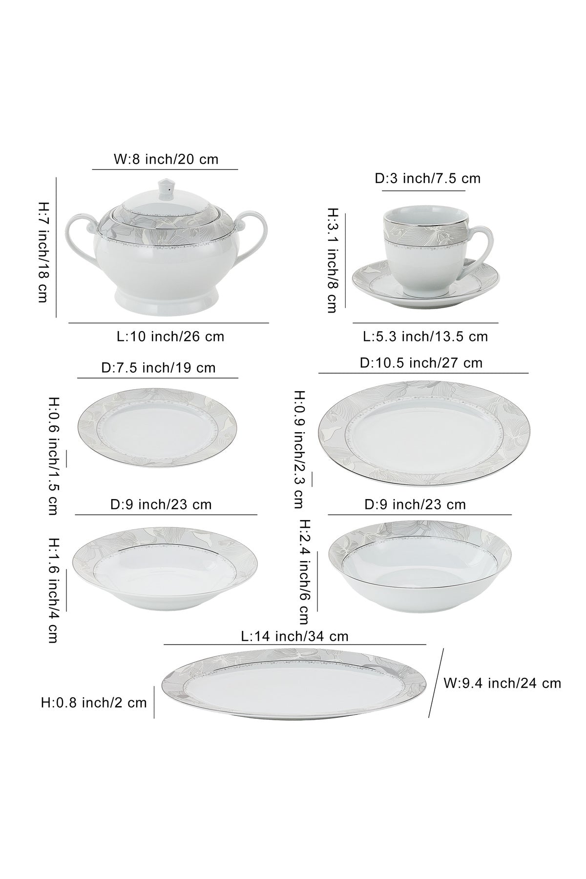 Serviciu de Masă 12 Persoane Silver Leaf din Porțelan, 64 Piese, Design Floral cu Bordură Argintie