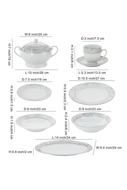 Serviciu de Masă 12 Persoane Silver Leaf din Porțelan, 64 Piese, Design Floral cu Bordură Argintie