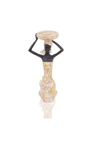Statuetă decorativă femeie africană cu tavă 27 cm – suport bijuterii, chei, decor living