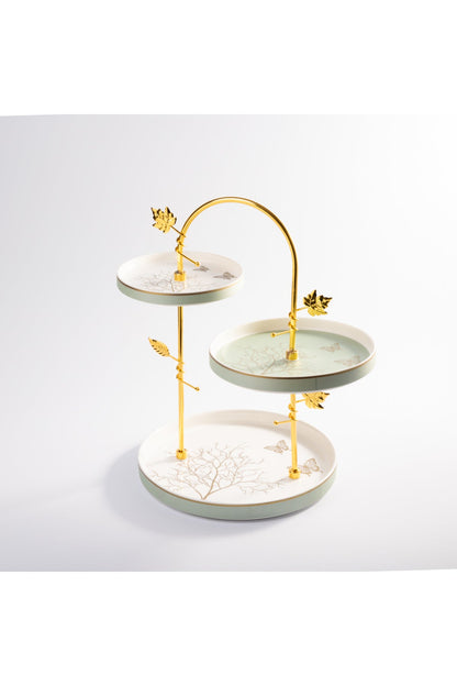 Platou etajat 3 niveluri porțelan Lifetree, structură metalică aurie, verde-auriu, 39 cm