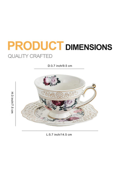 Set 2 cești cafea cu 2 farfurioare rotunde porțelan 200 ml – model floral elegant