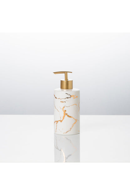 Dozator sapun lichid Marble – porțelan alb cu vene aurii, dozator baie elegant din porțeln