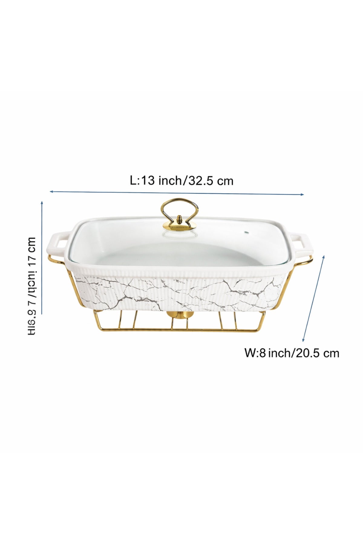 Tavă de cuptor Dreptunghiulară din Porțelan cu Suport Încălzitor și Capac, 32,5 cm - alb marmorat