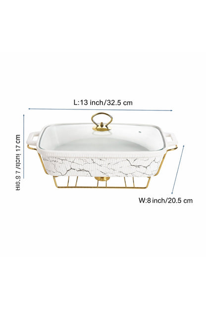 Tavă de cuptor Dreptunghiulară din Porțelan cu Suport Încălzitor și Capac, 32,5 cm - alb marmorat