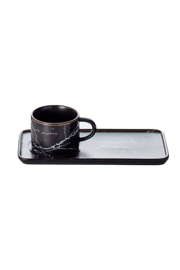 Set 2 Cești de cafea cu 2 farfurii lungi tip tavă, 200 ml, Porțelan – Negru marmorat