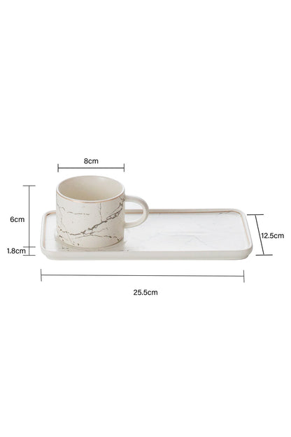Set 6 Cești de cafea cu 6 farfurii lungi tip tavă, 200 ml, Porțelan – Alb marmorat