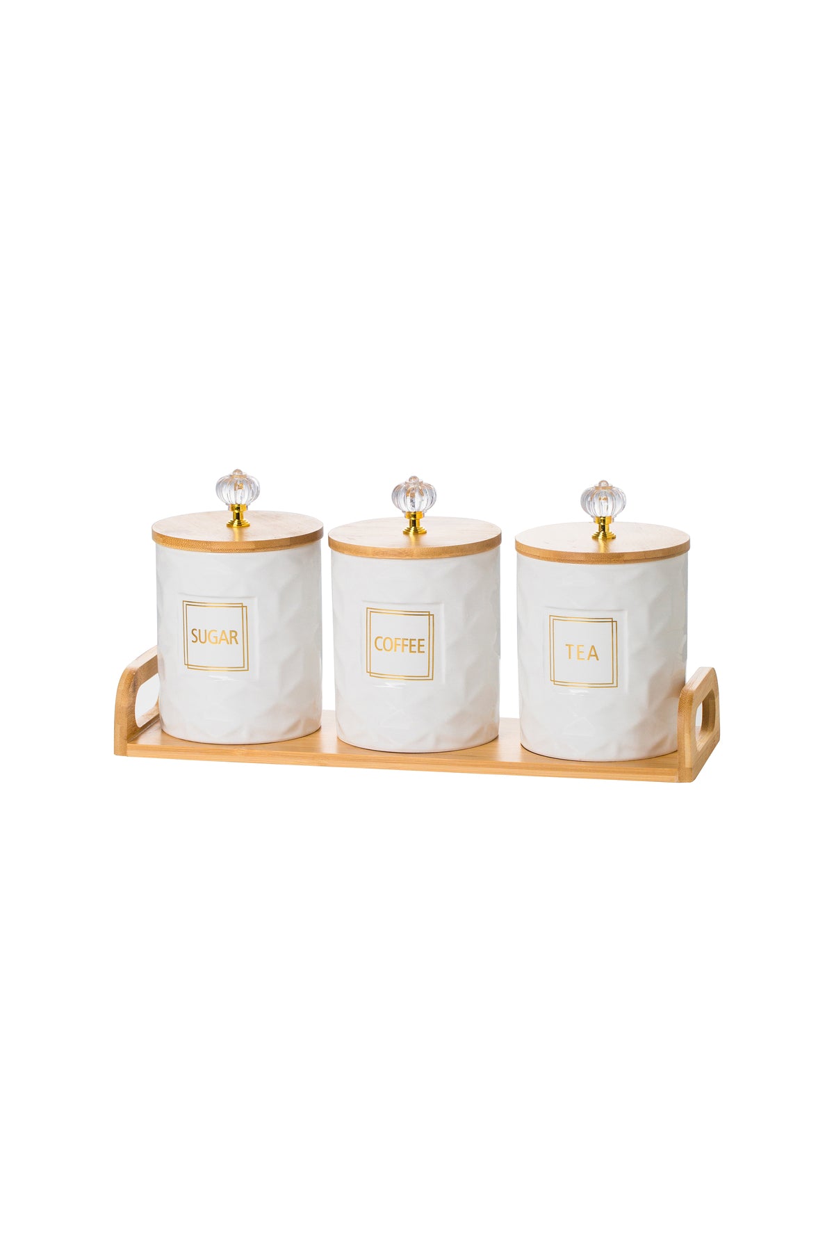 Set 3 borcane bucătărie Crystal – porțelan alb cu capac bambus, Coffee Tea Sugar, tavă inclusă