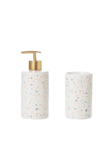 Set accesorii baie Terrazzo 2 piese – dozator sapun lichid si pahar, porțelan cu detalii aurii