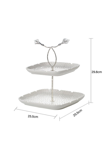 Platou etajat Candy Bar din Porțelan cu Detalii Florale Metalice - 29.8 cm
