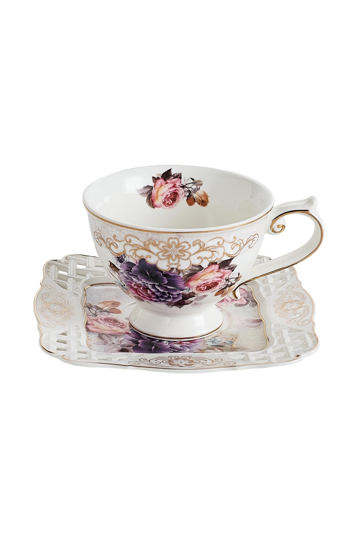 Set 2 cești cafea cu 2 farfurioare porțelan 200 ml – model floral elegant
