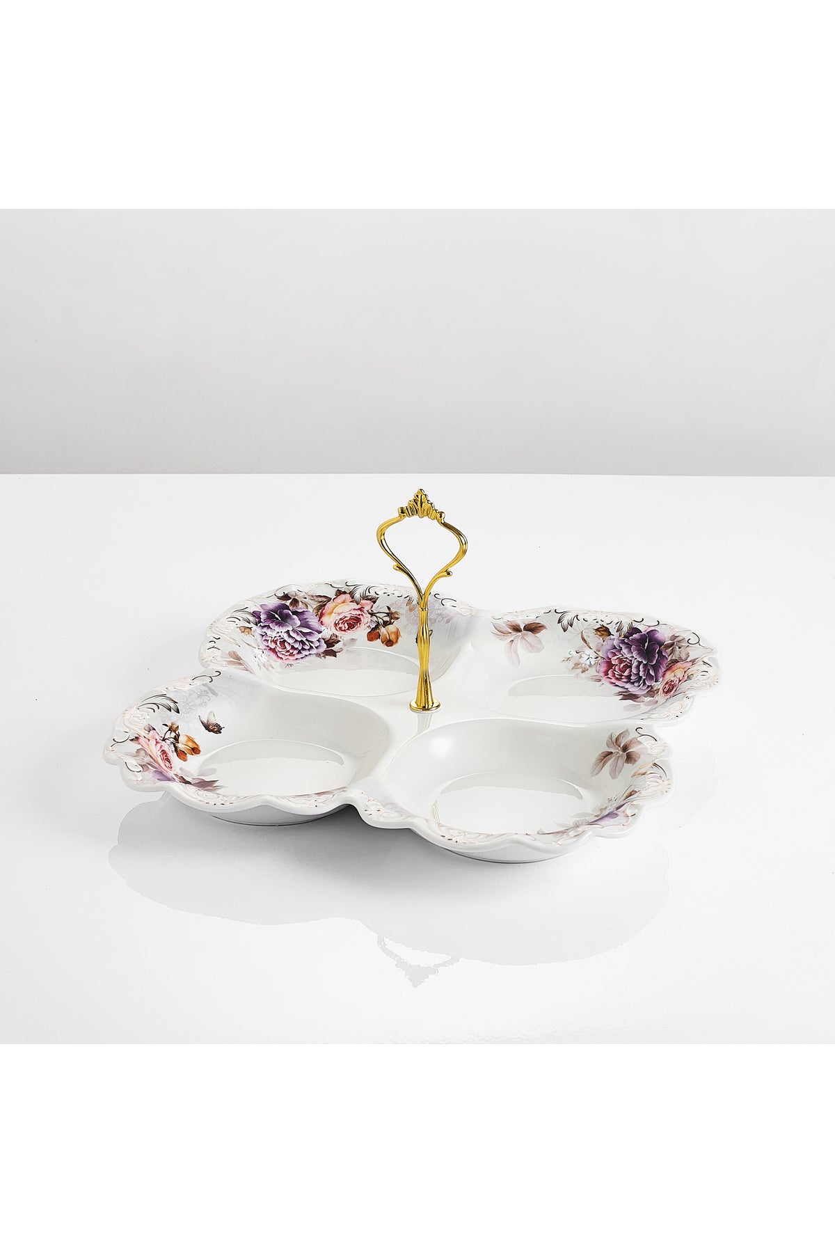 Platou compartimentat 4 secțiuni porțelan model floral vintage, mâner auriu