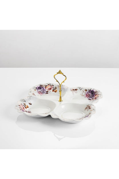 Platou compartimentat 4 secțiuni porțelan model floral vintage, mâner auriu