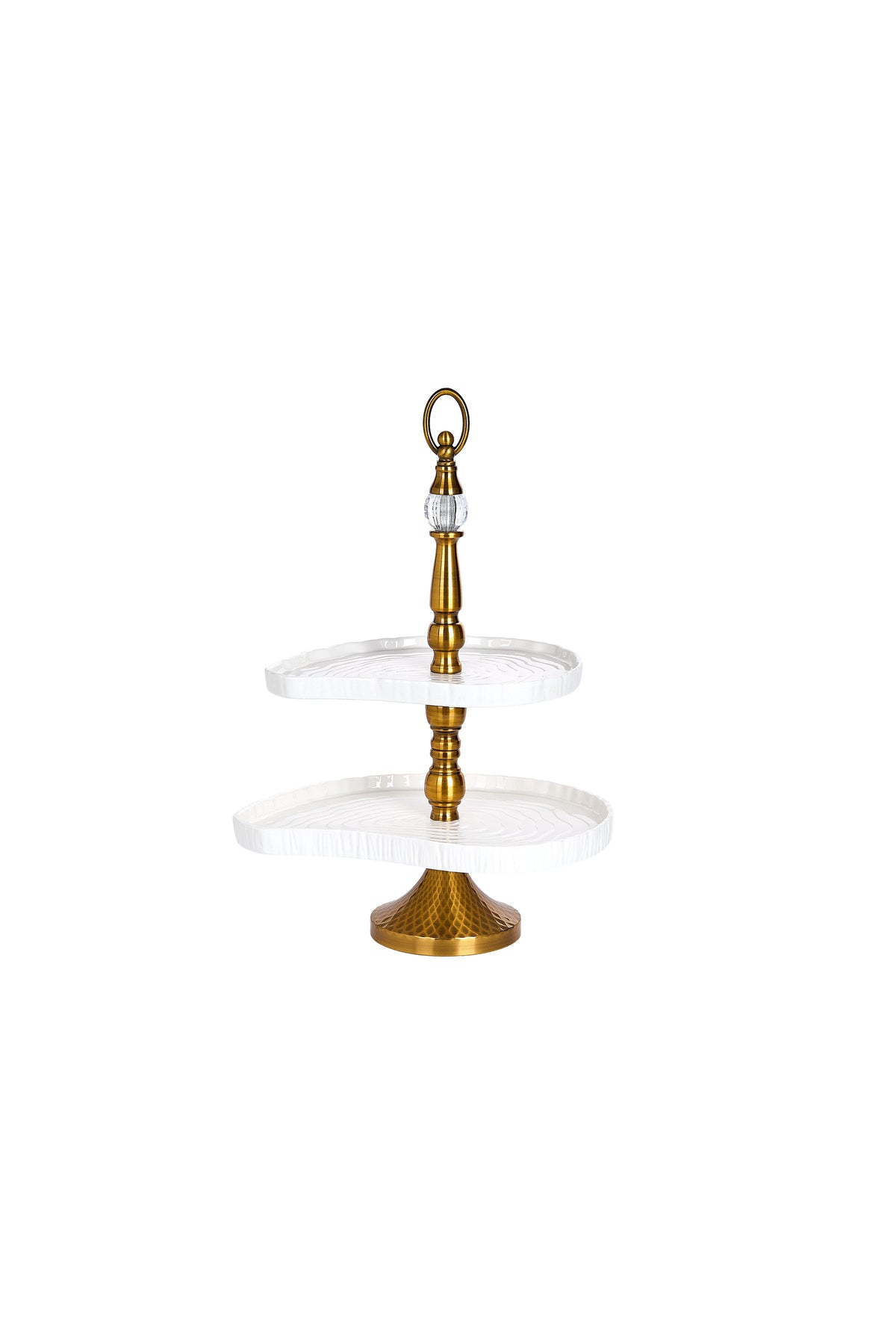 Platou etajat 2 niveluri porțelan, structură aurie cu cristal, 48 cm