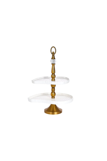 Platou etajat 2 niveluri porțelan, structură aurie cu cristal, 48 cm