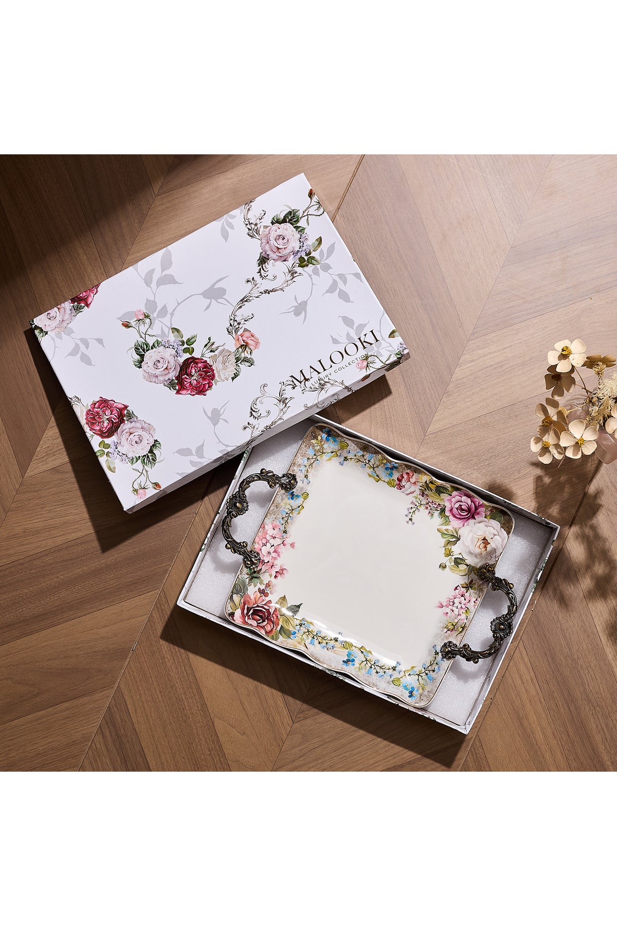 Tavă servire porțelan model floral vintage, mânere metalice bronz, 34.5 cm