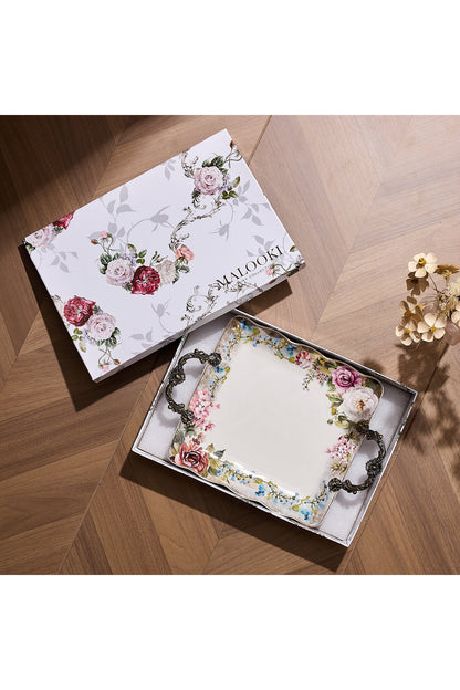 Tavă servire porțelan model floral vintage, mânere metalice bronz, 34.5 cm