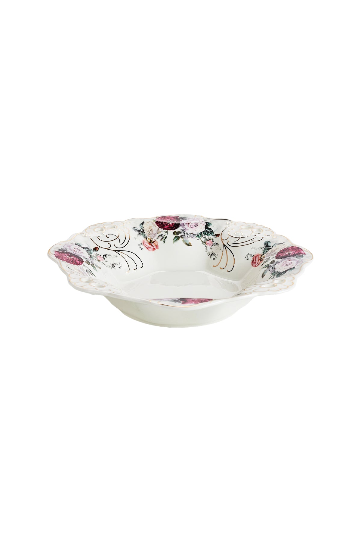 Bol fructieră porțelan model floral vintage, margini dantelate, diametru 33 cm