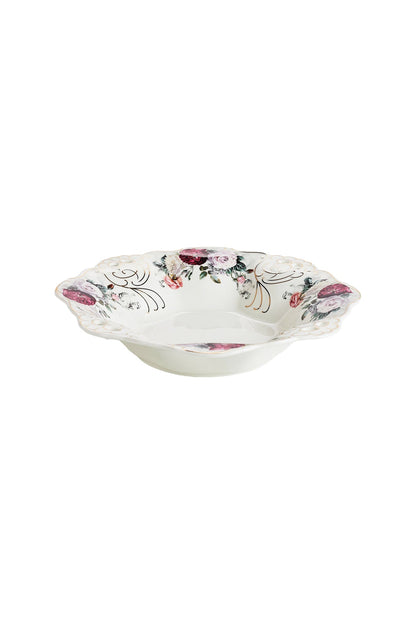 Bol fructieră porțelan model floral vintage, margini dantelate, diametru 33 cm