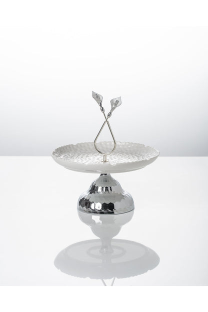 Platou servire din Porțelan cu Picior Metalic și Mâner Decorativ - 27.8 cm