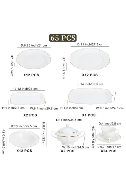Set masă 65 piese porțelan Dubai, alb cu bordură aurie, 12 persoane
